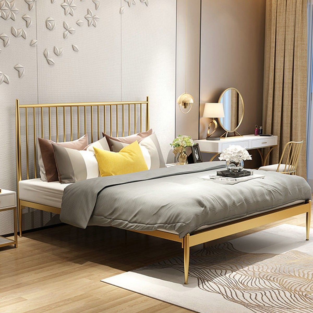 Double Modern Metal Bed Frame Iron Bed Base Bedroom Furniture Gold