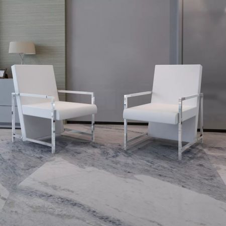 Armchair 2 pcs with Chrome Frame Artificial Leather White