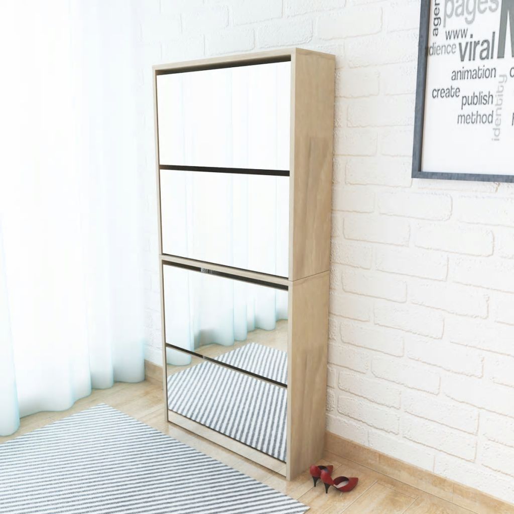 Shoe Cabinet 4-Layer Mirror Oak 63x17x134 cm