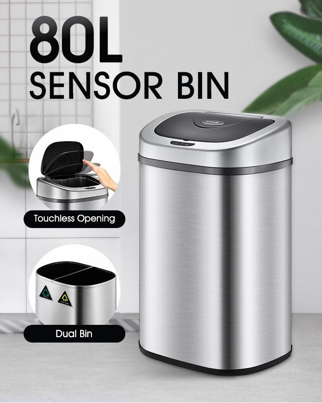 80L Motion Sensor Dual Rubbish Bin Stainless Steel Touchless Recycle ...