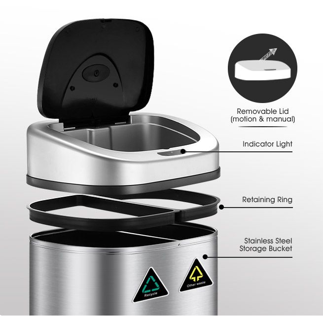 Dual Compartment Rubbish Bin 80L Stainless Steel Touchless Kitchen Waste Trash Can