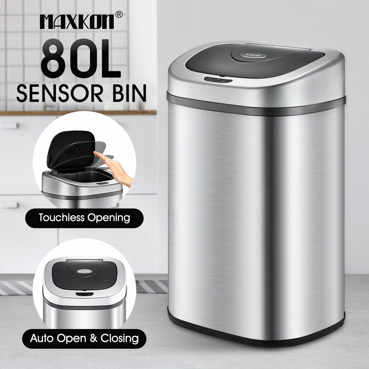 80L Sensor Dustbin Recycle Bin Automatic Rubbish Kitchen Waste Trash Can Stainless Steel Maxkon