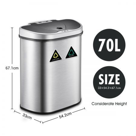 70L Motion Sensor Rubbish Bin Dual Kitchen Waste Can Stainless Steel ...