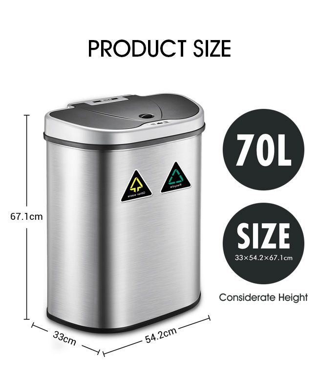 70L Motion Sensor Rubbish Bin Dual Kitchen Waste Can Stainless Steel Recycle Bin