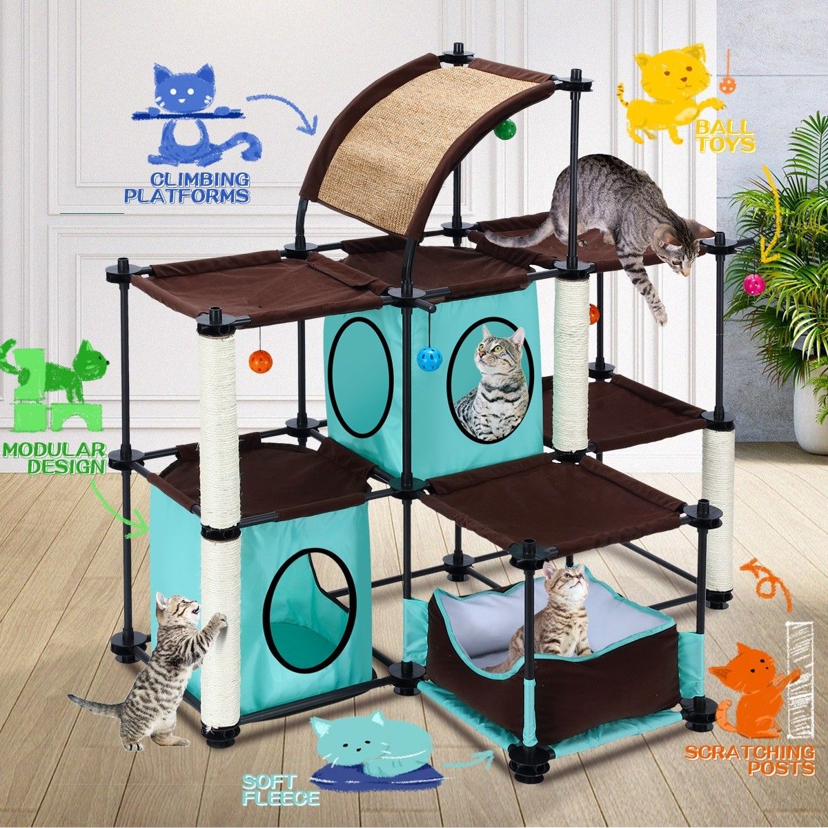 Petscene Cat Condo Cat Tree Tower Feline House Kit with Cat Scratching
