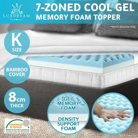 2 Layer 7 Zone Cooling Gel Memory Foam Mattress Topper 8cm Thick King Size Crazy Sales