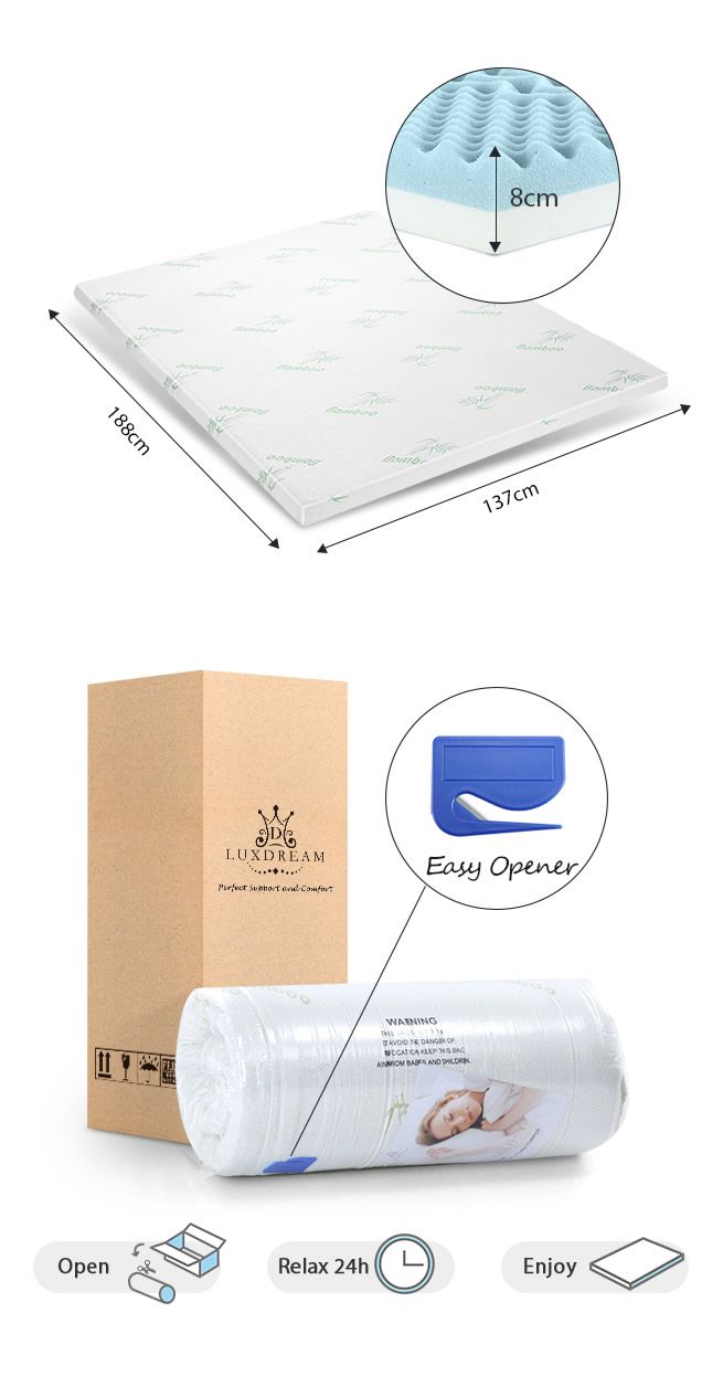 2 Layer 7 Zone Cooling Gel Memory Foam Mattress Topper Bed Underlay Bamboo Cover Double 8cm