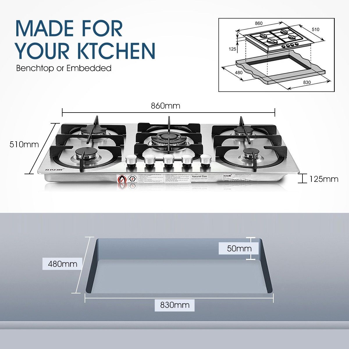 5 Burner Gas Cooktop 90cm Hob Stainless Steel Kitchen Gas Stove NG LPG ...