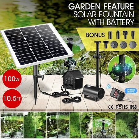 100W Solar Fountain Water Pump with Battery and LED Light for Birdbath Garden Pool