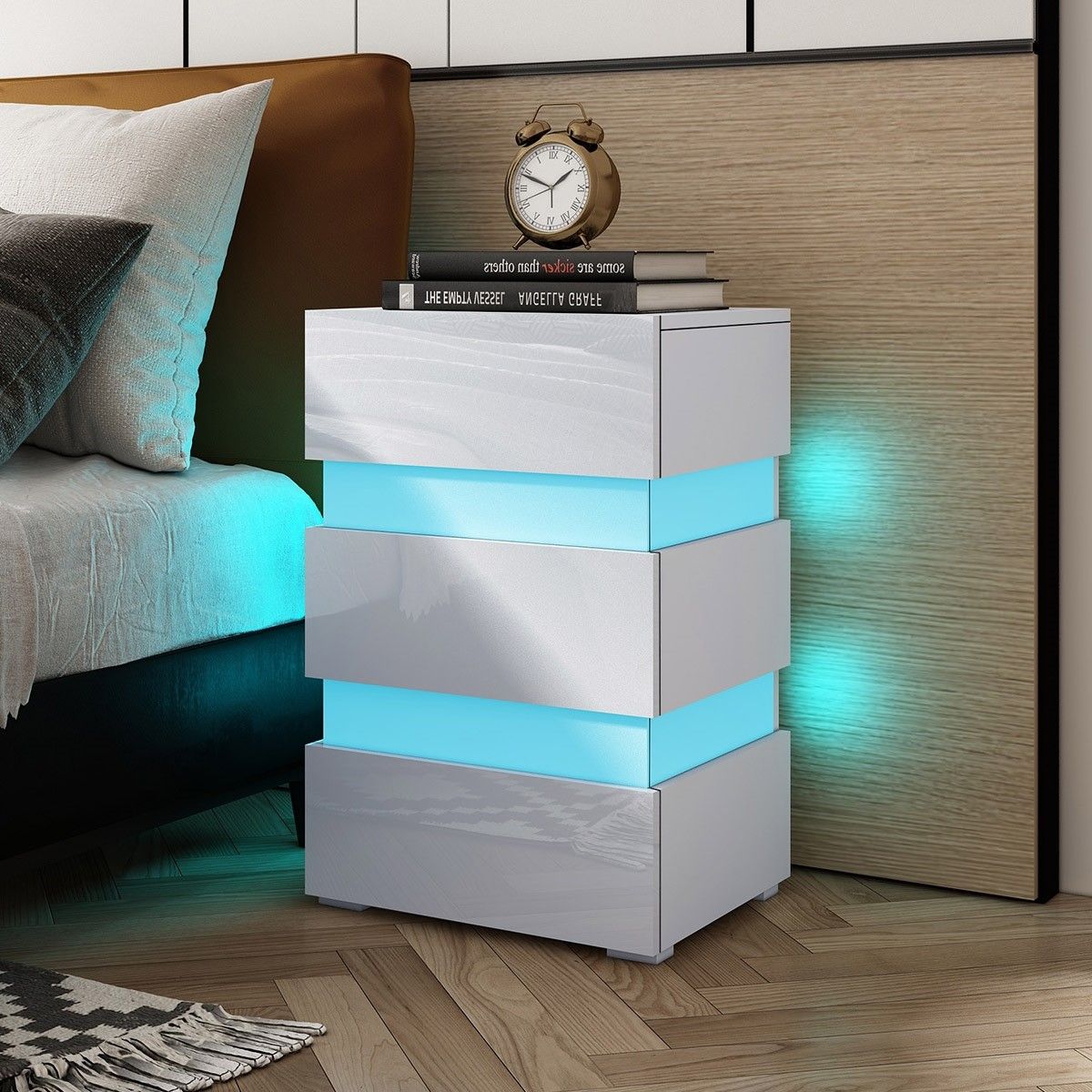 Modern White High Gloss Front Nightstand Cabinet Bedside Tables with 3 Drawers RGB LED