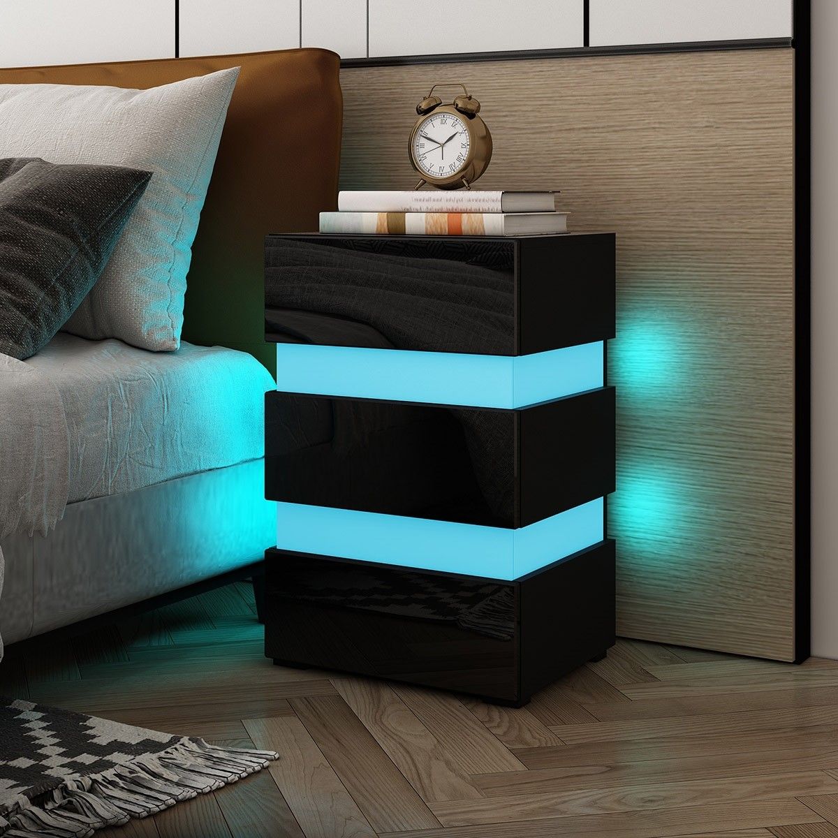 Modern Black High Gloss Front Nightstand Cabinet Bedside Tables With 3