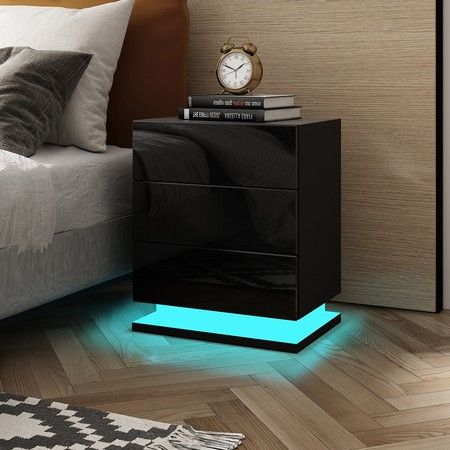 Black High Gloss Front Bedside Table Three Drawer Nightstand with RGB LED 