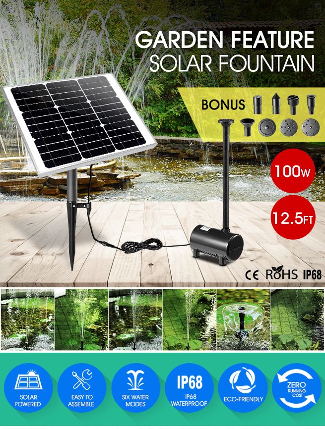 100W Solar Powered Fountain Water Pump for Birdbath Fish Pond Garden Pool