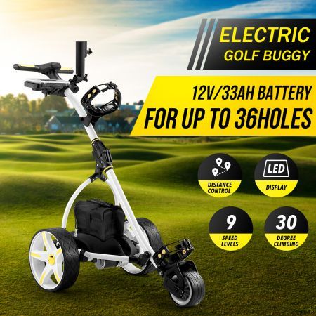Electric Golf Trolley 3 Wheel Foldable Push Golf Buggy Cart 3 Distance Control LED Display-White