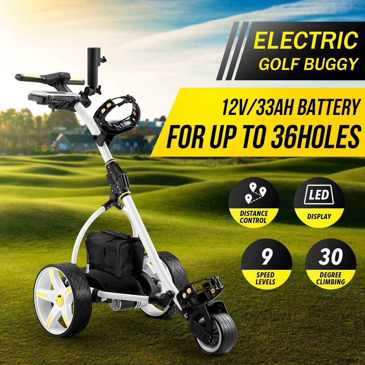 Electric Golf Trolley 3 Wheel Foldable Push Golf Buggy Cart 3 Distance Control LED Display-White