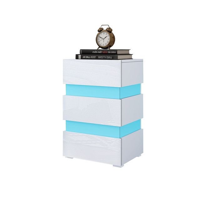 Modern White High Gloss Front Nightstand Bedside Tables with 3 Drawers RGB LED Crazy Sales