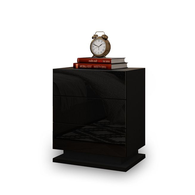 Black High Gloss Front Bedside Table Three Drawer Nightstand with RGB