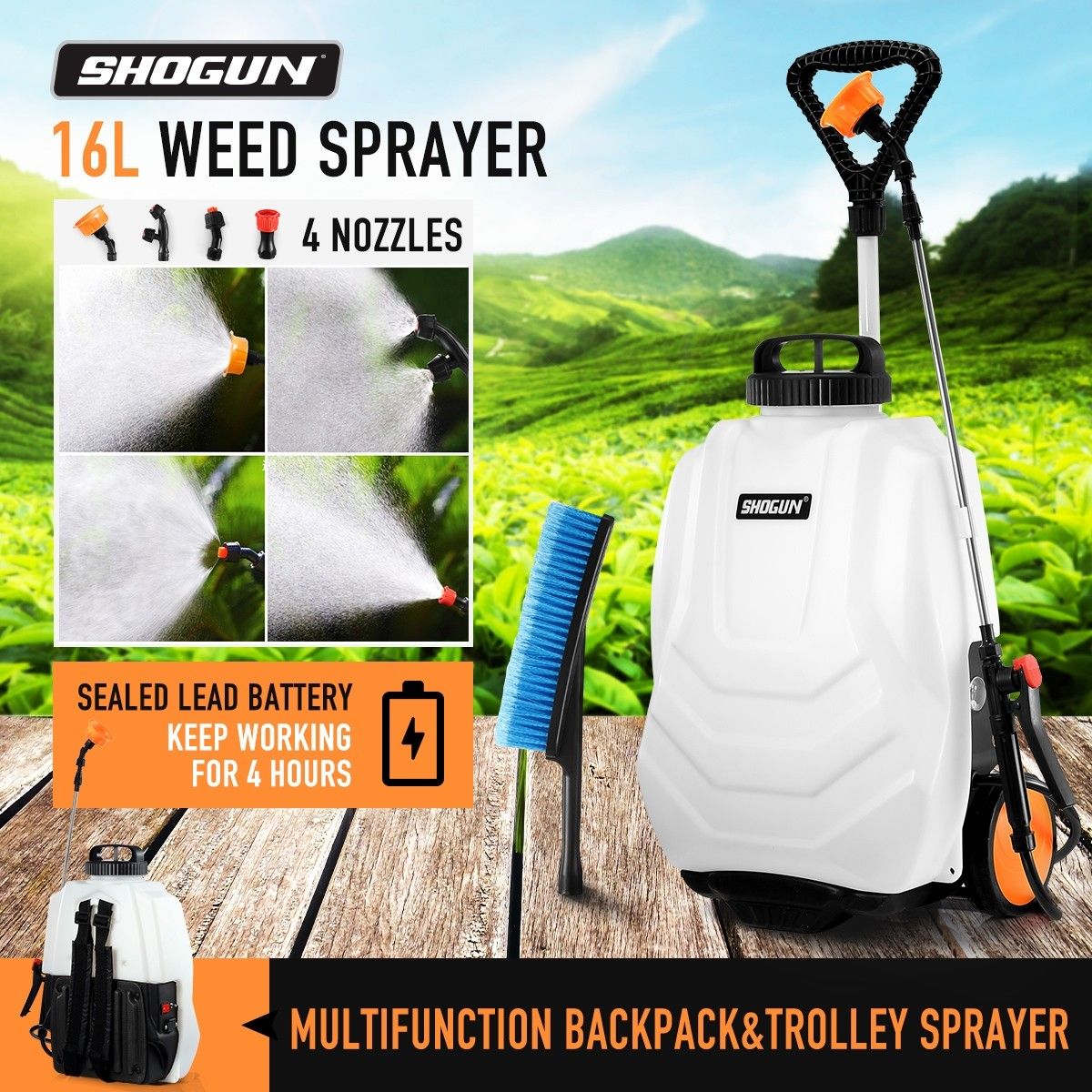 16L Wheel Backpack Pump Sprayer for Garden Weed Killer Fertilizer with Car Wash Brush