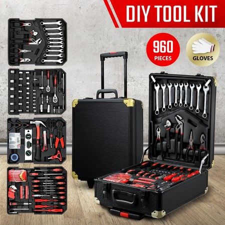 960-Piece Tool Kit Trolley Case 4-Tier Organiser Home Repair Storage Toolbox Set Black