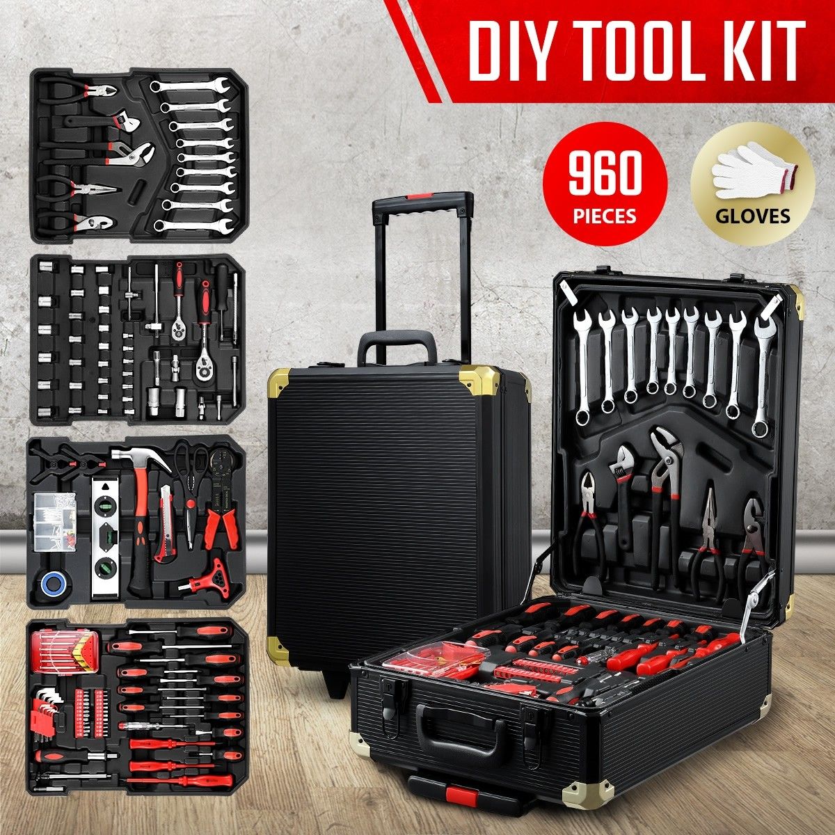 960-Piece Tool Kit Trolley Case 4-Tier Organiser Home Repair Storage Toolbox Set Black