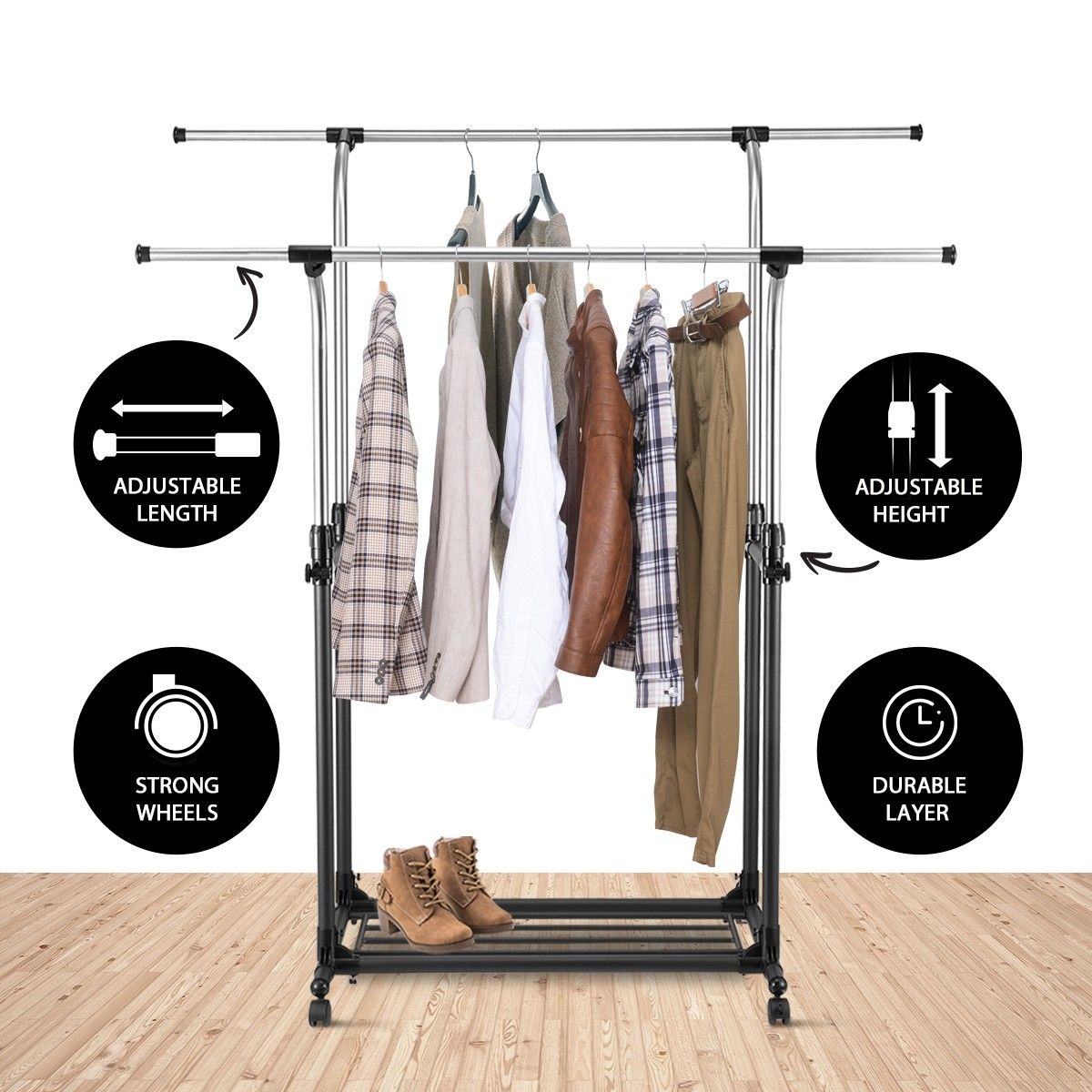 New Double Rail Clothes Garment Rack Adjustable Clothing Organiser ...