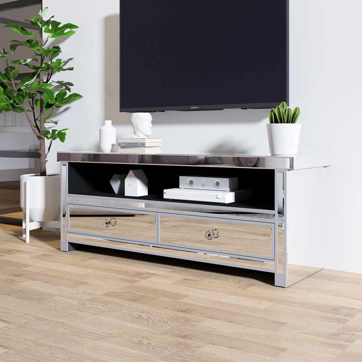 Mirrored TV Stand 2 Drawers TV Console Entertainment Unit Home
