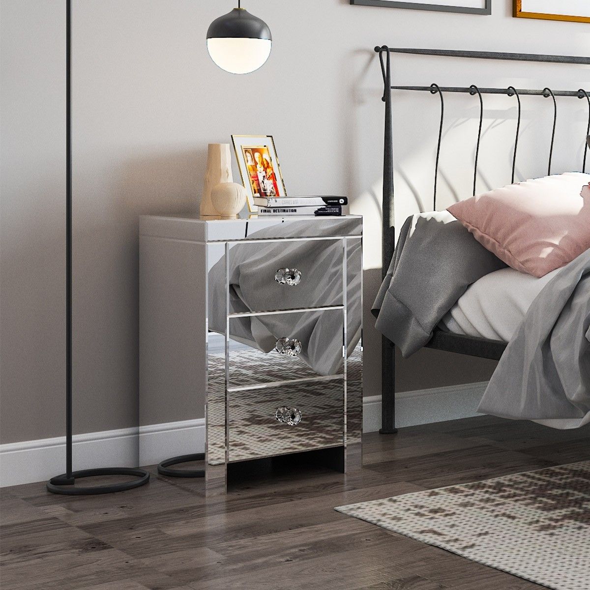 Mirrored Bedside Table 3 Drawers Nightstand Side Bedroom Furniture