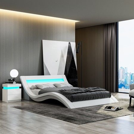 Modern White Leather Bed Frame With Led, Modern White Queen Bed