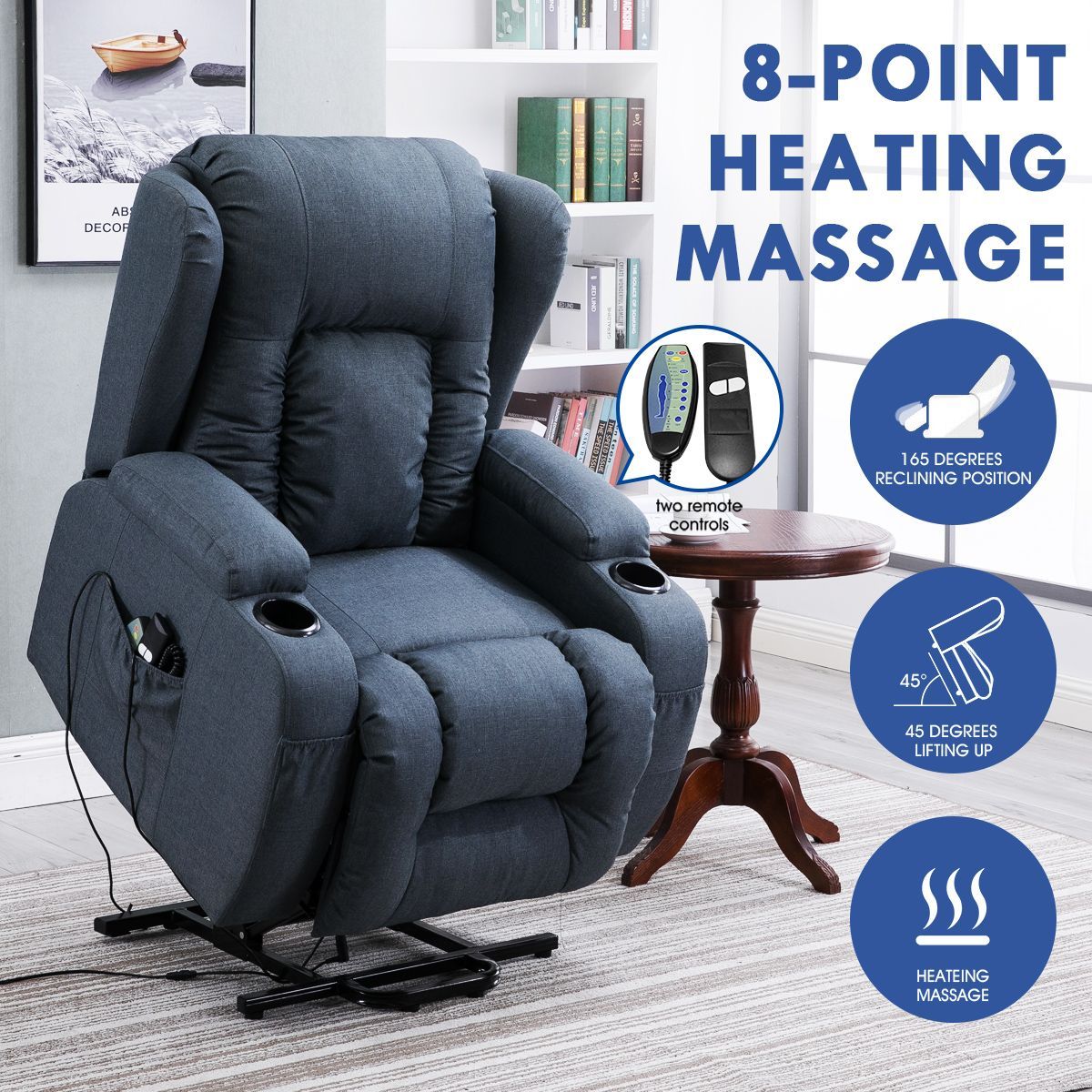 Electric Massage Chair Recliner Linen Fabric Sofa Lift Motor Armchair 8 Point Heating Blue