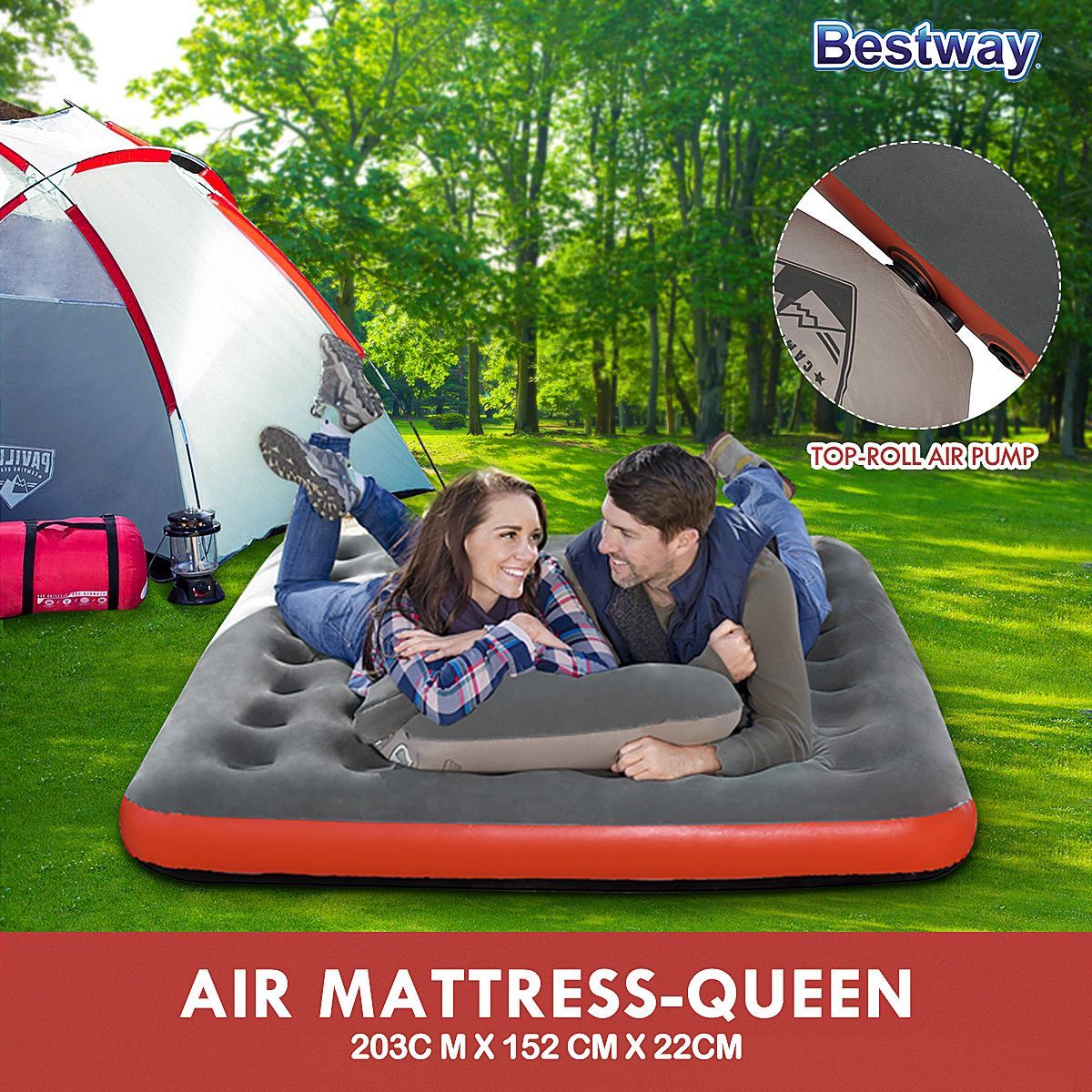 Top-Roll Air Pump 2.03m x 1.52m x 22cm Airbed Air Mattress Queen