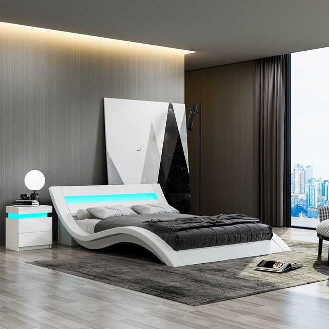 Modern White Leather Bed Frame With Led, White Leather Queen Bed Frame
