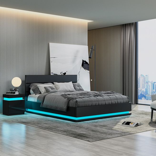 Modern Black Leather Storage Bed Frame with LED - Double