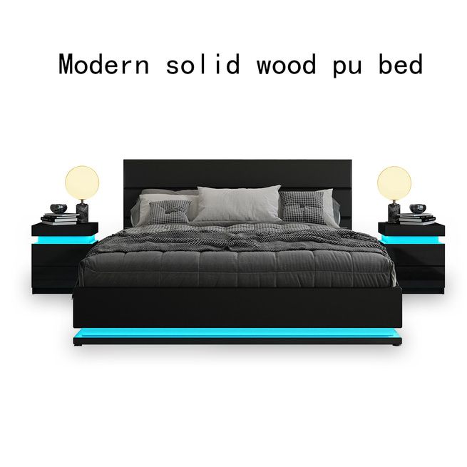 Modern Black Leather Storage Bed Frame with LED - Double