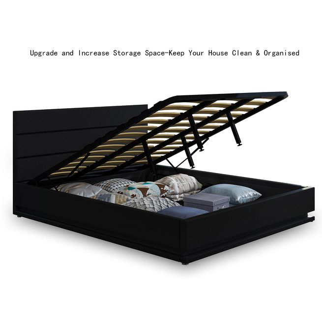 Modern Black Leather Storage Bed Frame with LED - Double