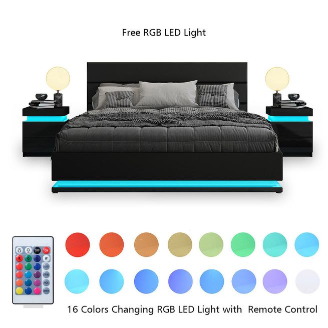 Modern Black Leather Storage Bed Frame with LED - Double