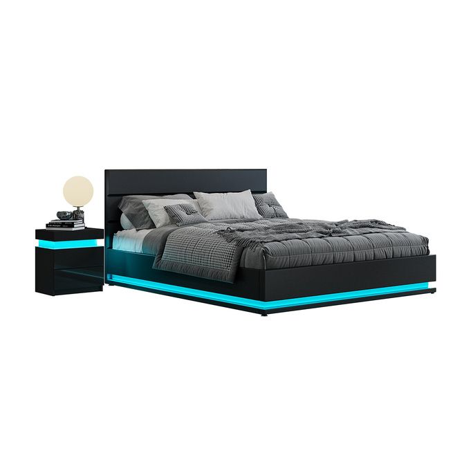 Modern Black Leather Storage Bed Frame with LED - Double