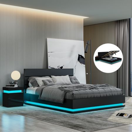 Modern Black Leather Storage Bed Frame with LED - Double