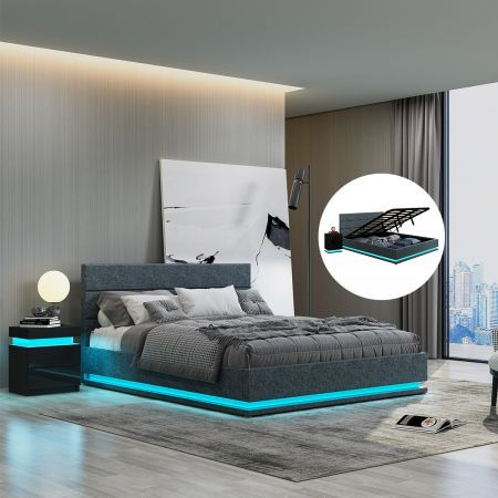 Modern Grey Leather Storage Bed Frame with LED - Double