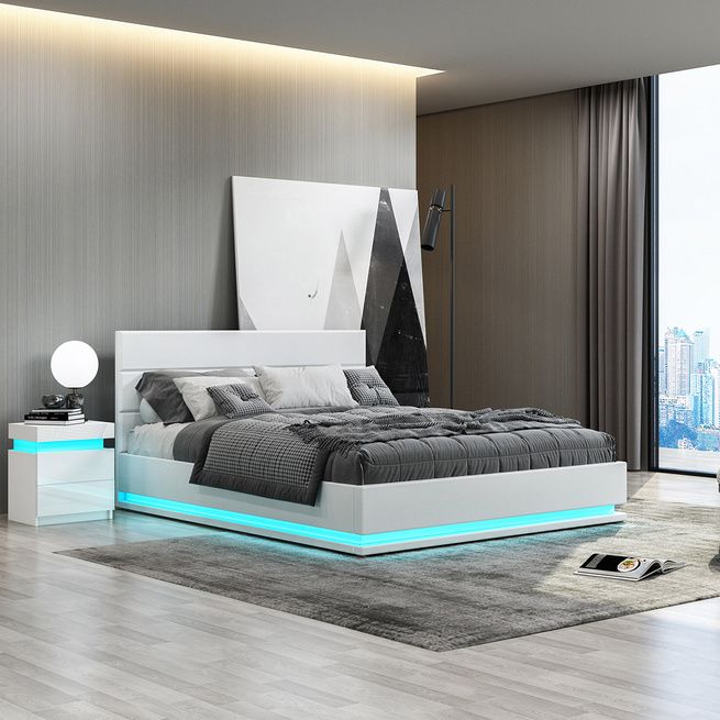 Double Bed With Lights, Dhara Queen Platform Bed With Led Lighting White