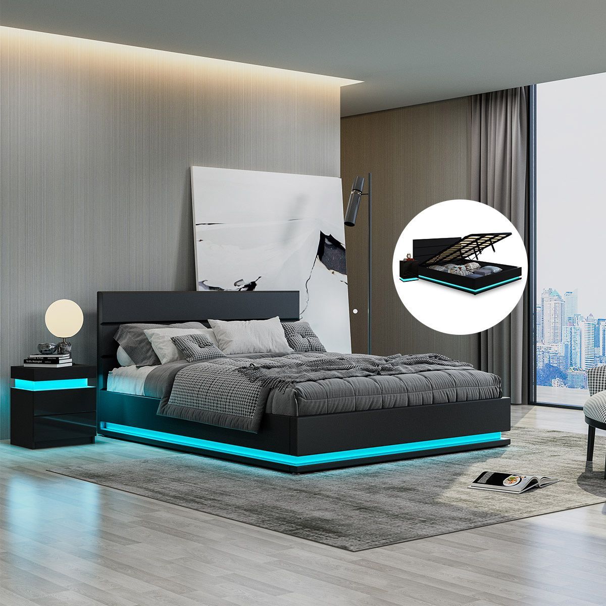 Modern Black Leather Storage Bed Frame with LED King