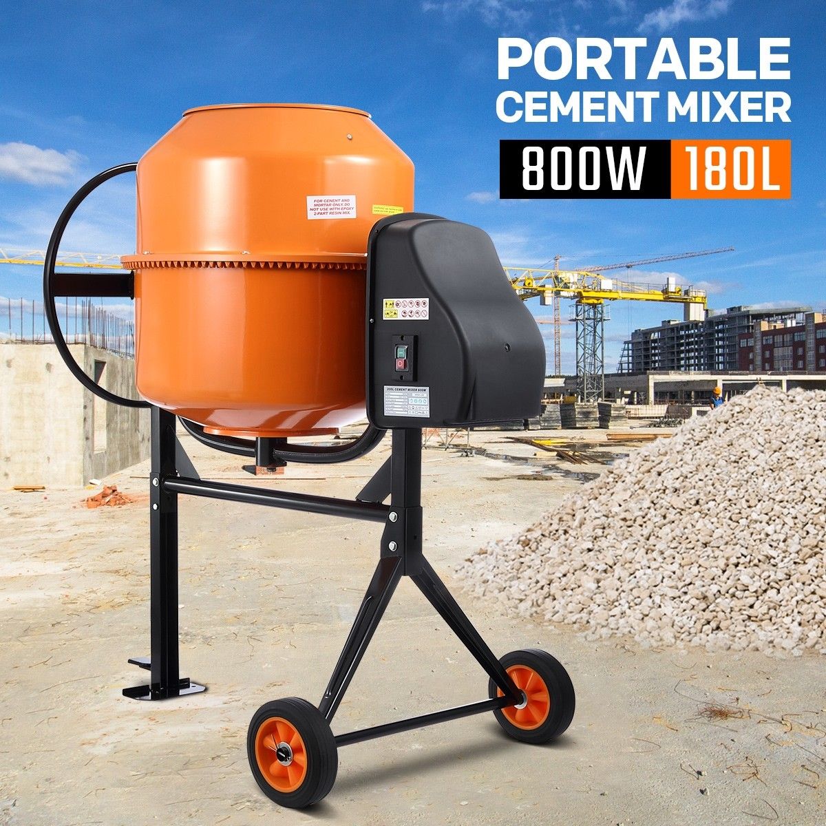 180L Portable Cement Mixer w/ Waterproof Power Motor for Concrete Stucco Mortar