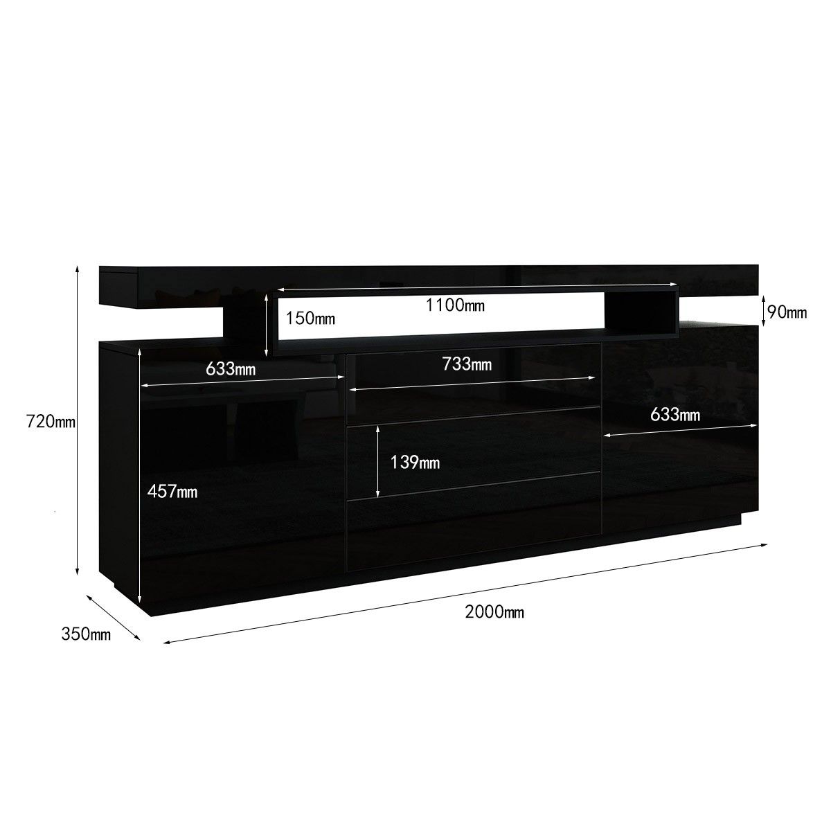200cm Sideboard Buffet Cabinet High Gloss Front Storage Cupboard 2 ...