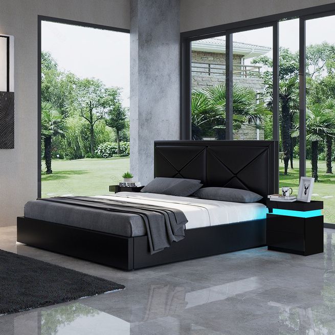 Modern Black Leather Storage Bed Frame, Bedroom Furniture Sets Modern Leather Queen Size Double Bed Frame