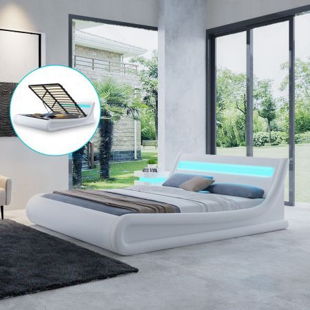 wavy led frame double bed leather storage modern