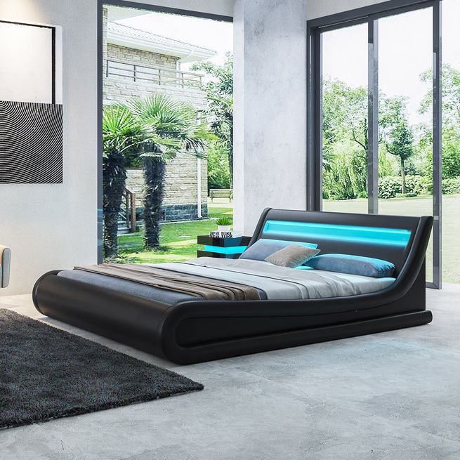 Fashion Black Bed Frame With Storage, Queen Platform Bed With Led Lights