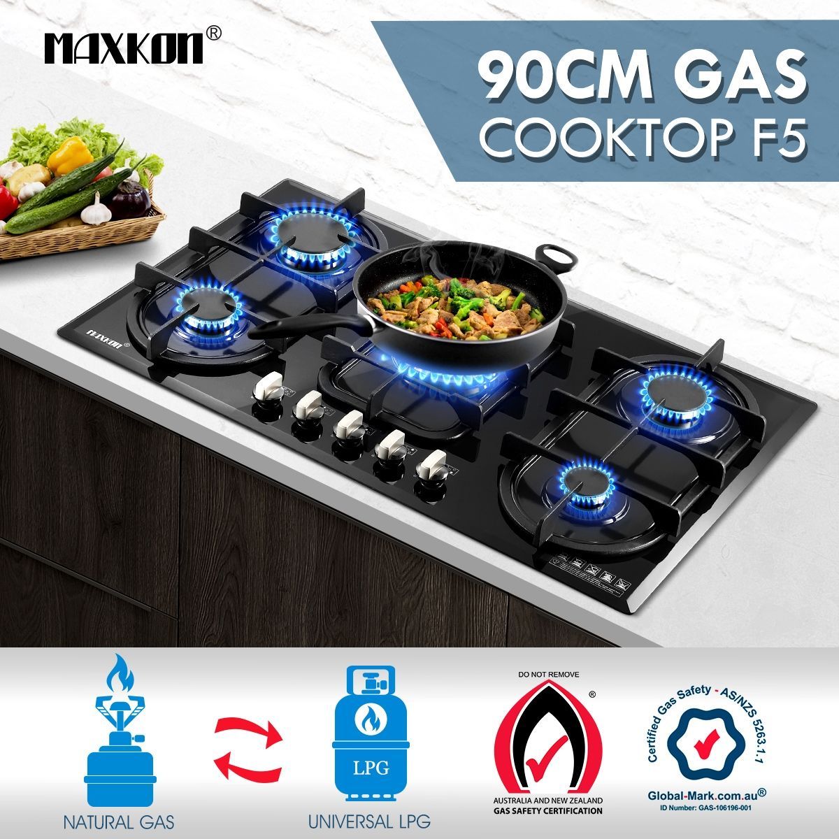 Maxkon Gas Cooktop 90cm 60cm Glass Steel Stove Gas Hob Cooker 4/5