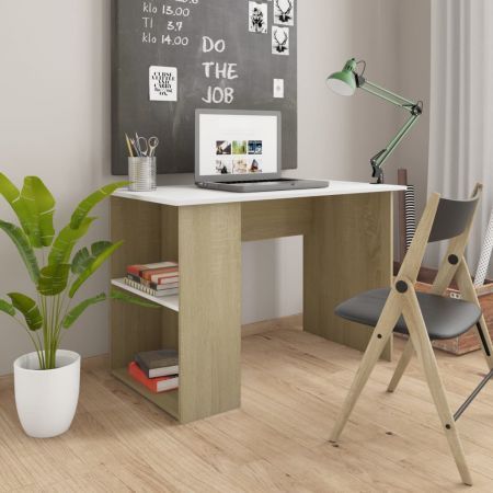 Desk White And Sonoma Oak 110x60x73 Cm Chipboard Crazy Sales