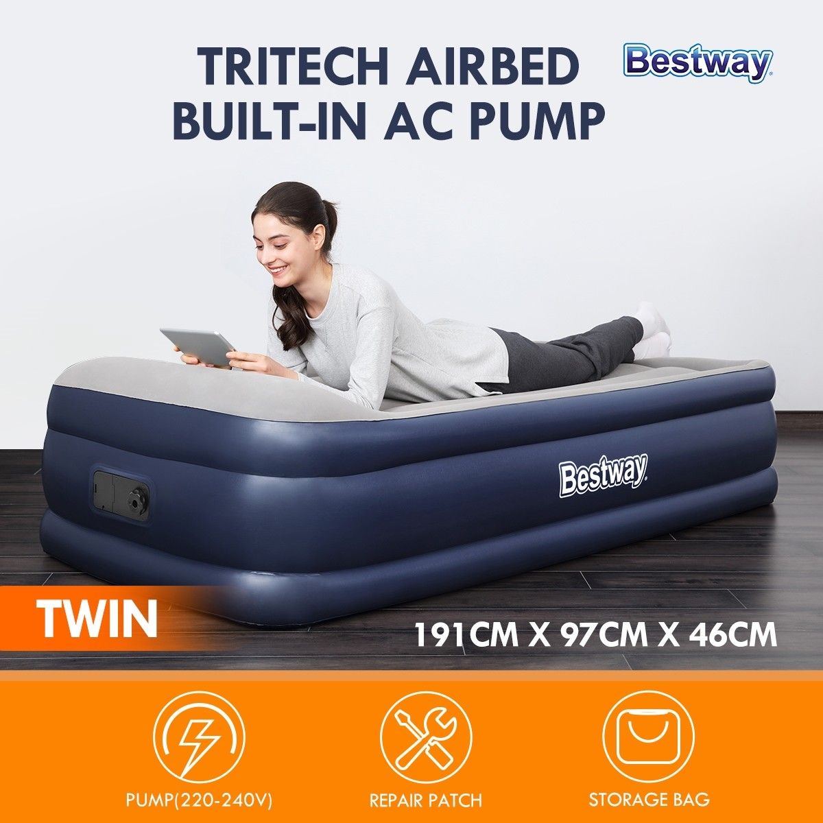 Bestway Twin Size Camping Air Bed Inflatable Flocked Mattress Built in