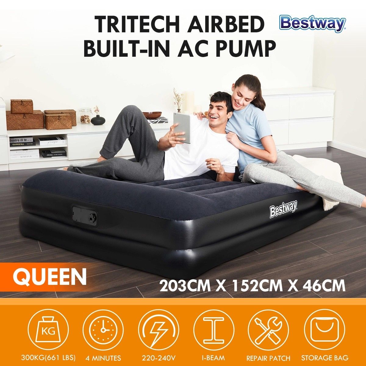Bestway Flocked Air Bed Camping Air Mattress Built in AC Pump Queen