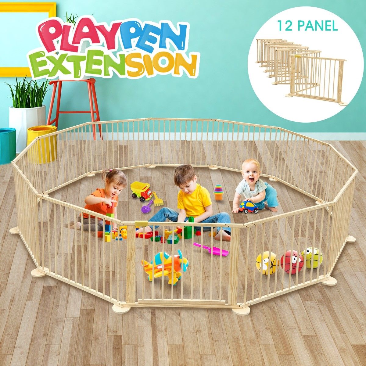 12 Panel Large Baby Child Safety Natural Wood Playpen Indoor Outdoor ...